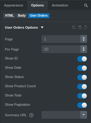 User Orders Options